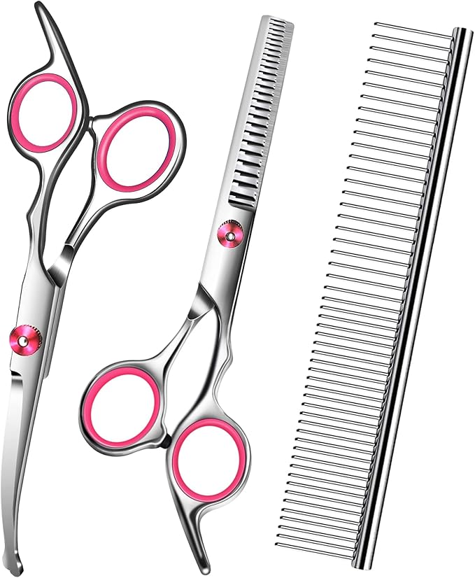 Dog Grooming Scissors with Safety Round Tip,Pet Grooming scissors Kit,Dog Shears for Grooming,Incude Thinning,Curved Grooming Scissors and Comb for dogs, cats.Suitable for The Right Hand