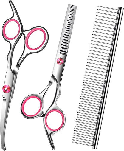 Dog Grooming Scissors with Safety Round Tip,Pet Grooming scissors Kit,Dog Shears for Grooming,Incude Thinning,Curved Grooming Scissors and Comb for dogs, cats.Suitable for The Right Hand