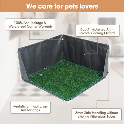 Dog Pee Pad Holder with High Walls, Portable Dog Litter Box for Inside Potty, Splash-Proof No Spill Pee Shield Pad Holder Tray for Puppies Small and Medium Dogs (Grey, Pee Pad Holder w/Grass Turf)