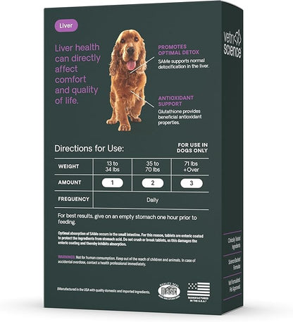 VetriScience SAMe Liver Health Tablets, 225 mg S-Adenosyl-Methionine Liver Health and Detox Supplement for Medium and Large Breed Dogs, Glutathione Antioxidant Liver Support, 30 Count