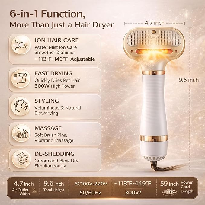 All-in-One Steam Pet Grooming Brush for Dogs & Cats, Soft Brushing with Drying & Deshedding, Calm Home Grooming Tool for Daily Use