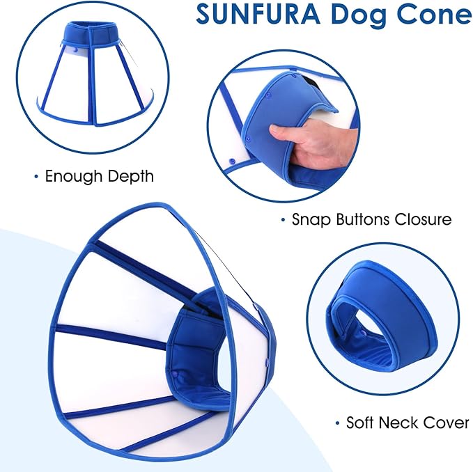 SUNFURA Dog Cones for Small Dogs, Soft Cone for Dogs to Stop Licking, Transparent Dog Cone Collar After Surgery, Neck E-Collar Alternative for Wound Healing, Blue Small