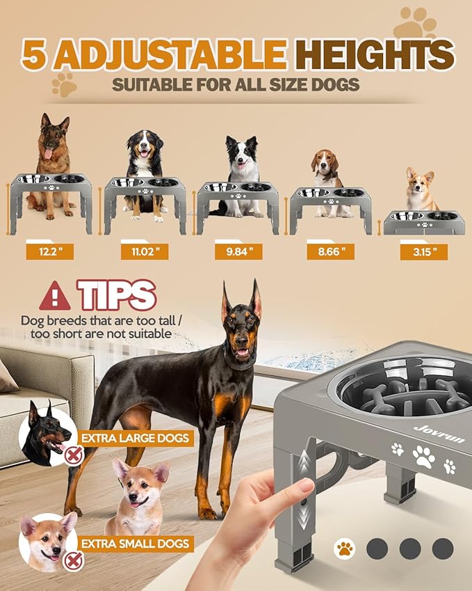 Jovrun Elevated Dog Bowls for Medium Large Size Dogs, Non-Slip Dog Feeder with 1*Stainless Steel Dishes & 1*Slow Feeder Bowl, 5 Heights Adjustable Raised Bowls to 3.15″-8.66″-9.84″-11.02″-12.2″