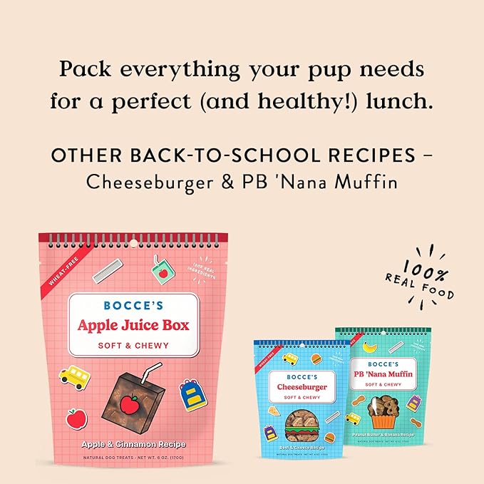 Bocce's Bakery Apple Juice Box Treats for Dogs, Wheat-Free Everyday Dog Treats, Made with Real Ingredients, Baked in The USA, Natural Soft & Chewy Cookies, 6 oz
