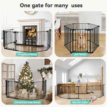 COMOMY 150" Extra Wide Baby Gate with Door, Dog Gates for The House Doorways Fireplace, Auto Close Baby Fence Play Area, Walk Through Pet Gate, Hardware Mounted, 6-Panels (30" Tall, Black)