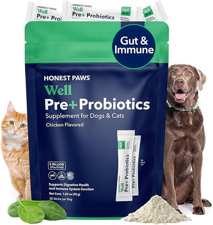 Honest Paws Probiotics for Dogs - Digestive & Immune Support Powder with Prebiotic Made in The USA, Chicken Flavor (30 Sticks)