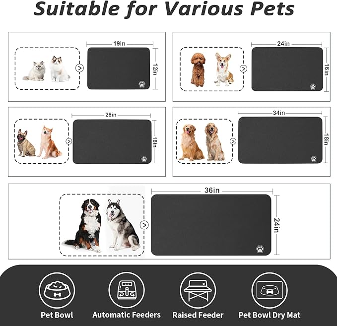 HotLive Dog Food Mat - Absorbent Cat Mat for Food and Water, No Stains Pet Feeding Bowl Mat, Easy to Clean Pet Placemats, Quick Dry Dog Water Dispenser Mat for Messy Drinkers | Paw Black 24"x 36"