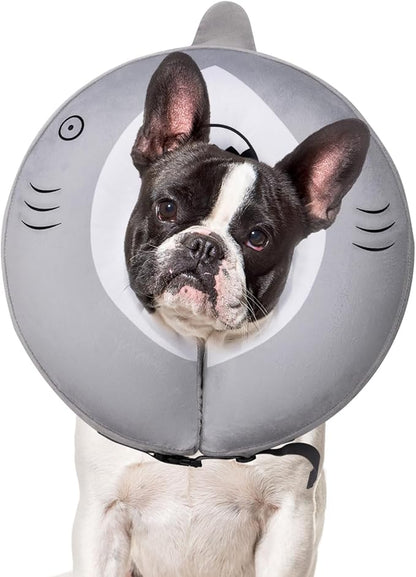 Dog Cone Inflatable Widen Dog Neck Donut Collar, Soft Cone Alternative After Surgery for Large Medium Small Dogs to Stop Licking, Shark, Medium