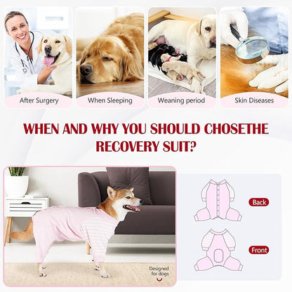 Dog Recovery Suit, Abdominal Wound After Surgery Wear, Anti Licking Bodysuit with Snaps, E-Collar & Cone Alternatives, Striped Dog Spay Surgical Pajamas Prevent Shedding(Medium, Pink)