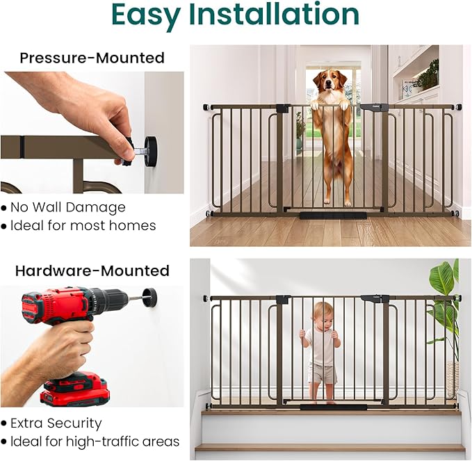 Cumbor Extra Wide Baby Gate, 36.6-69" Walk-Through Dog Gate for Stairs, Doorways & Hallways, 30.5“ Tall, Auto-Close & Dual-Swing Safety Child Gate Indoor, Easy Install Pressure-Mounted Pet Gate, Brown