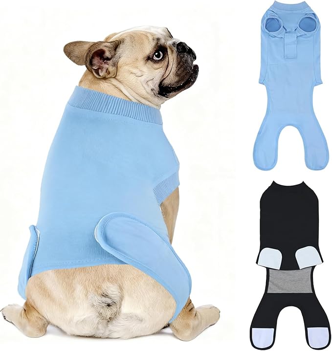 2 Packs Breathable Cotton Dog Recovery Suit for After Neuter Spay Abdominal Wounds Protector, Professional Anti-Licking Onesies for Male Female Pets Surgery Bandages, M Black Blue Pure