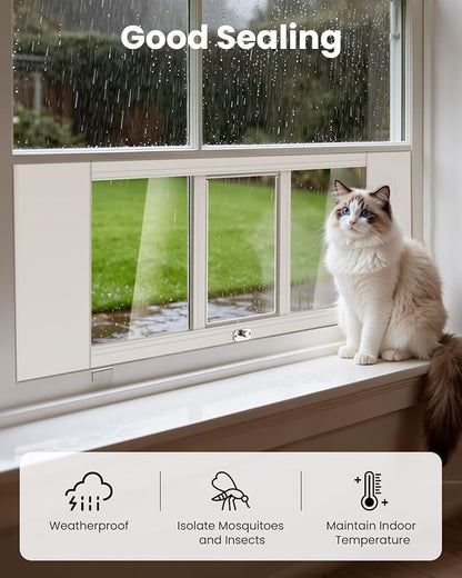 Upgraded Pet Cat Door for Window, Adjustable Width of 35"-46" Window Cat Door Insert, Quick Installation Pet Doors for Cats Small Dog with Aluminum Frame, Tight Seal, Safety & Weatherproof, HD Glass