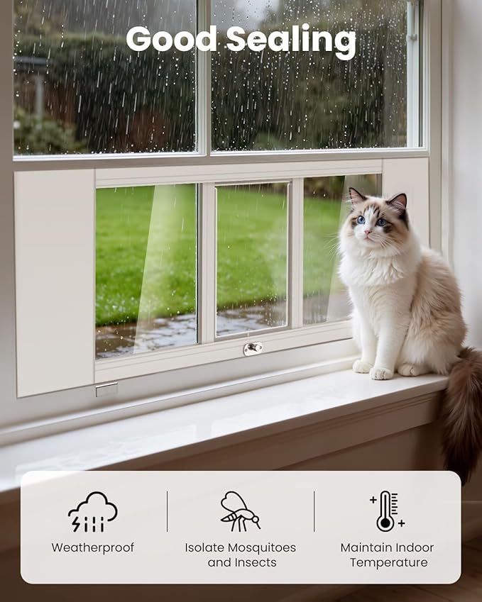 Upgraded Pet Cat Door for Window, Adjustable Width of 23"-34" Window Cat Door Insert, Quick Installation Pet Doors for Cats Small Dog with Aluminum Frame, Tight Seal, Safety & Weatherproof, HD Glass