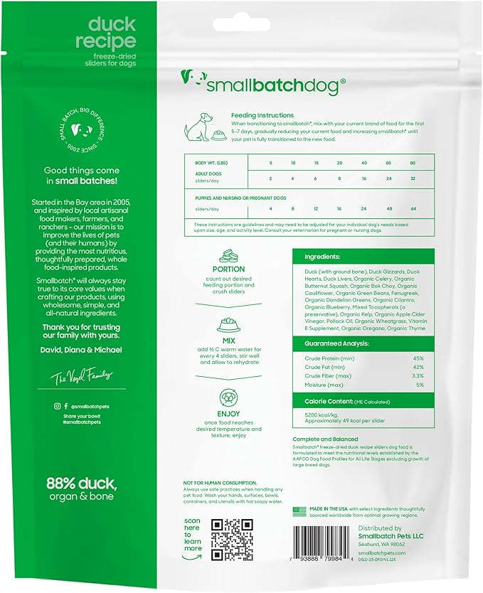 smallbatch Pets Freeze Dried Raw Dog Food, Duck Recipe, 25 oz, Organic High Protein Dog Food, Grain Free, Made in the USA, Humanely Raised Meat, Single Protein, for Picky Eaters, Hydrate & Serve