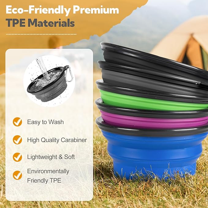 Collapsible Dog Bowl Large 2 Pack, Dog Water Bowls for Travels, Portable Foldable Pet Bowls Feeding Watering Dish for Parking Walking Camping with 2 Carabiners Clip (34oz, Large,Black+Grey)