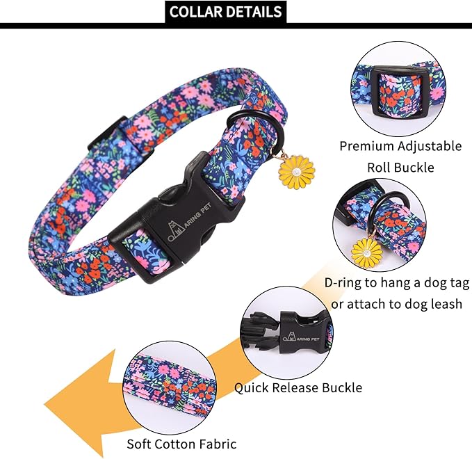 ARING PET Floral Dog Collar, Cute Blue Pink Orange Spring Summer Flower Doggy Pet Collars for Puppy Small Medium Large Girl Female Dogs-S