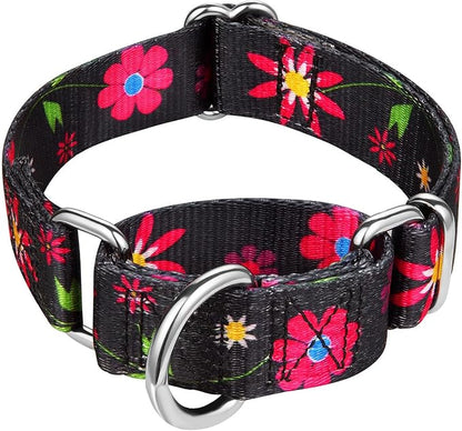 Martingale Collar Floral Print Dog Collar - No Pull Pet Collar, Heavy Duty for Medium Dogs, Adjustable Neck 14 Inch to 21 Inch, Sun Flower (Black)