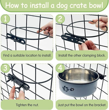 Kathson 2 Pcs Dog Kennel Crate Feeder, Stainless Steel No Spill, Hanging Metal Pet Food Bowl for Cats Small Medium Dogs (Gray)