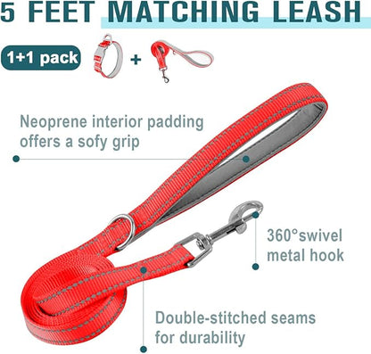 Dog Collar for Medium Small Large Dogs Reflective with Leash,Collar and Leash for Dogs,Soft Neoprene Padded 2 Pack(Red,S)