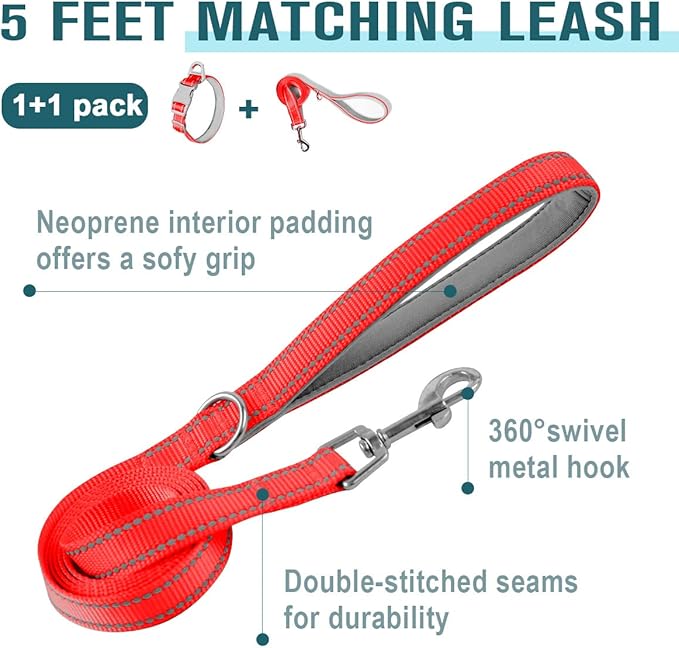 Dog Collar for Medium Small Large Dogs Reflective with Leash,Collar and Leash for Dogs,Soft Neoprene Padded 2 Pack(Red,XS)