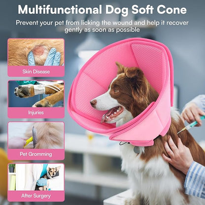 Queenmore Dog Cone,Soft Dog Cones for Large Dogs After Surgery,Comfy Cone for Dogs to Stop Licking, Adjustable Recovery Collar,Elizabethan Pet E-Collar for Wound Healing,Pink,L
