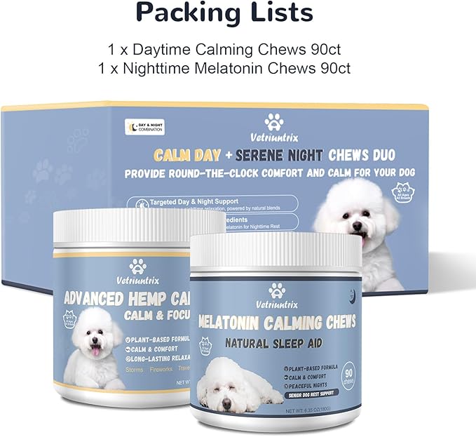 Calming Chews with Melatonin Set, Dog Calming Soft Chews for Fireworks, Storms, Thunder, Barking, Separation