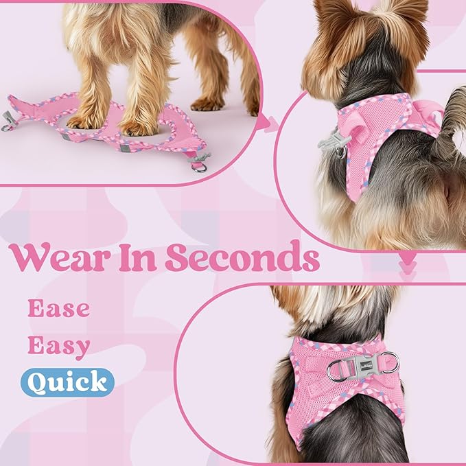 rabbitgoo Small Dog Harness, Step-in Soft Mesh Puppy Vest with Safety Buckle, Breathable Reflective Pet Harness for Small Medium Dogs, Pink & Plaid Trim L