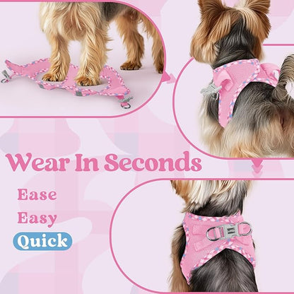 rabbitgoo Small Dog Harness, Step-in Soft Mesh Puppy Vest with Safety Buckle, Breathable Reflective Pet Harness for Small Medium Dogs, Pink & Plaid Trim L