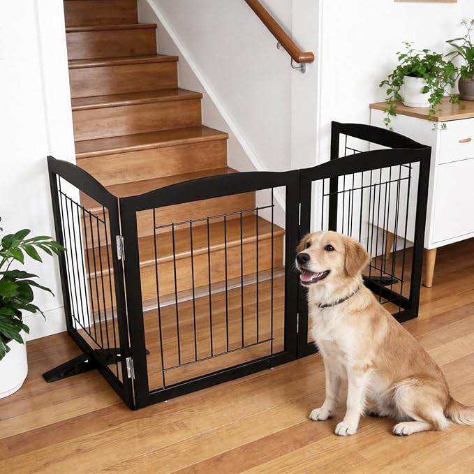 ZJSF Freestanding Dog Fence Indoor, Foldable Dog Gate for Doorways, Stairs or Hallways, Sturdy Wood Extra Wide Pet Gate with Support Feet for The House, Black, 24 "Height-6 Panels