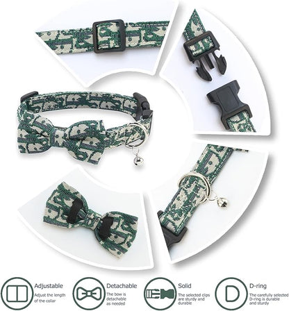 Bowtie Collars for Small Dogs, Elegant Puppy Collars with Leash Set, Tiny Dog Collars with Bowtie Adjustable 9.8"-13.8", Green, S