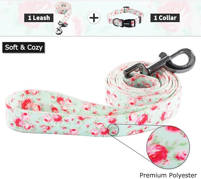 Ihoming Dog Collar and Leash Set for Daily Outdoor Walking Running Training, Floral GreenLake Design for Medium Boys Girls Dogs Cats Pets, M-Up to 45LBS