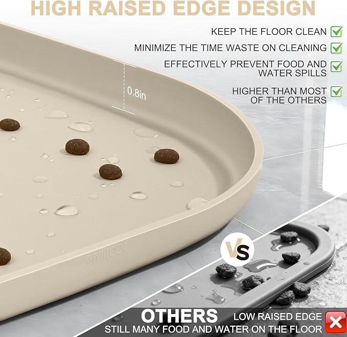 Smilool Silicone Pet Food Mat with Raised Edge for Food and Water Bowl, Dog Feeding Mats, Cat Food Trays for Floor Waterproof, Rubber Tray for Dogs and Cats, 24 x 16 x 0.8 Beige