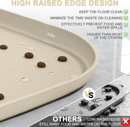 Smilool Silicone Pet Food Mat with Raised Edge for Food and Water Bowl, Dog Feeding Mats, Cat Food Trays for Floor Waterproof, Rubber Tray for Dogs and Cats, 24 x 16 x 0.8 Beige