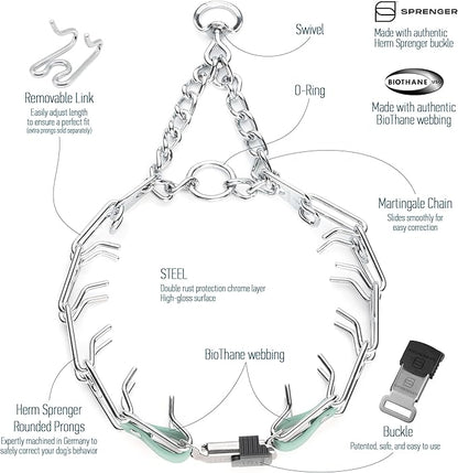 Herm Sprenger Chrome Plated Steel Dog Collar with Quick Release ClicLock Buckle and Biothane Insert Training Collar for Dogs Made in Germany (Sage Green, 25in x 4.0mm(Neck Size up to21-22in))