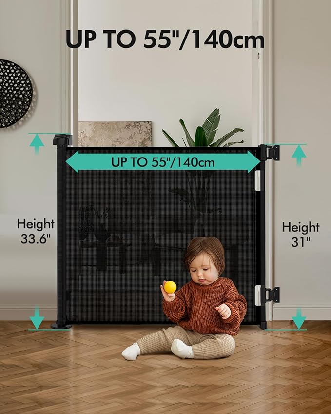 2PCS Retractable Baby Gates, Mesh Dog Gate for Doorways, 33.6" Tall, Expands to 55" Wide,Pet Safety Essential Fit for Baseboards, Wide Toddlers Gates for Hallways, Indoor & Outdoor,Black