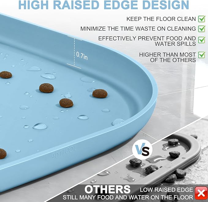 Smilool Small Silicone Pet Food Mat with Raised Edge for Food and Water Bowl, Square Dog Feeding Mats, Cat Food Trays for Floor Waterproof, Rubber Tray for Dogs and Cats, 12 x 12 x 0.7 Light Blue
