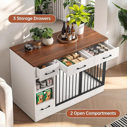 47.2" Dog Crate Furniture with Storage Drawers & Hidden Bowl, Wooden Indoor Kennel with Shelf & 2 Doors, Pet Cage for Small/Medium Dogs