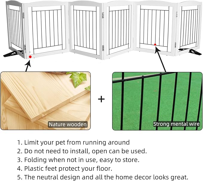 ZJSF Freestanding Dog Fence Indoor, Foldable Dog Gate for Doorways, Stairs or Hallways, Sturdy Wood Extra Wide Pet Gate with Support Feet for The House, White, 24 "Height-6 Panels