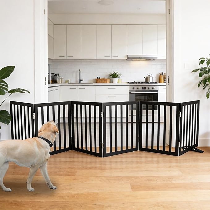 ZJSF Freestanding Indoor Dog Gate for House Foldable Wood Puppy Gate for Doorways Pet Gate for Stairs Extra Wide Pet Fence, Black, 24" Height 6 Panels