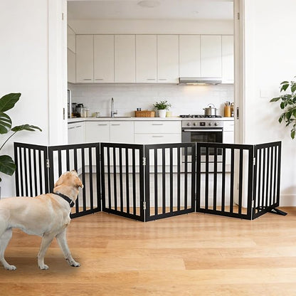 ZJSF Freestanding Indoor Dog Gate for House Foldable Wood Puppy Gate for Doorways Pet Gate for Stairs Extra Wide Pet Fence, Black, 24" Height 6 Panels