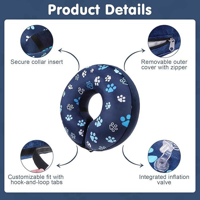 BEAUTYZOO Inflatable Dog Cone Collar, Recovery Dog Cone After Surgery, Adjustable Blow up Dogs Donut Collar, Pet Recovery Collar for Dogs,Navy Blue XL