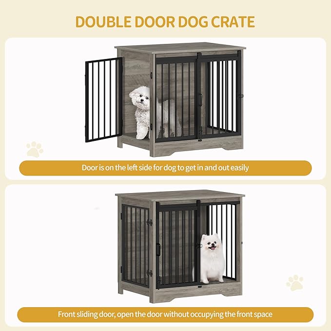 Hzuaneri 27.2" Dog Crate Furniture with Barn Door, Heavy Duty Dog Kennel Indoor with 2 Doors, Wooden Pet Cage End Table for Small Medium Dogs up to 22 lb, Anti-Chew Anti-Escape, Greige DFC84305B