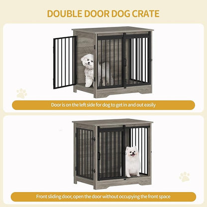 Hzuaneri 27.2" Dog Crate Furniture with Barn Door, Heavy Duty Dog Kennel Indoor with 2 Doors, Wooden Pet Cage End Table for Small Medium Dogs up to 22 lb, Anti-Chew Anti-Escape, Greige DFC84305B