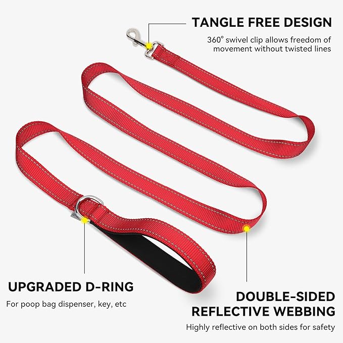 Joytale Dog Leash, 6 FT Double-Sided Reflective, Padded Handle Nylon Heavy Duty Leashes for Medium & Large Dogs Walking, Red