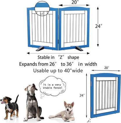 ZJSF Freestanding Dog Fence Indoor, Foldable Dog Gate for Doorways, Stairs or Hallways, Sturdy Wood Extra Wide Pet Gate with Support Feet for The House, Blue, 24 "Height-2 Panels