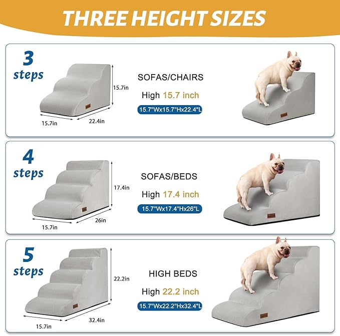 Aodisman 5-Step Dog Stairs and Ramp for High Bed, Non-Slip Sturdy Pet Steps for Small Dogs and Cats,22.2" H,Light Grey