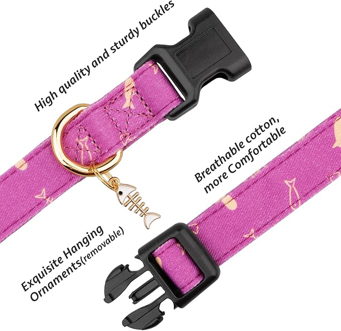 Cotton Handmade Dog Collar Cute and Distinctive Patterns Purple Fish with Pendant for Girl Boy Dogs Collars M