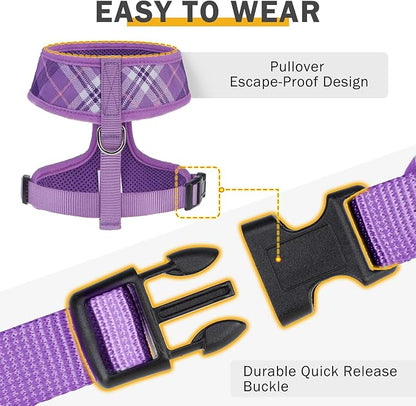 SCENEREAL No Pull Dog Harness Collar and Leash Set Small Medium Sized Dog, Soft Mesh Puppy Harnesses, No Chock Plaid Adjustable Pet Vest for Outdoor Walking Training and Running, Purple M