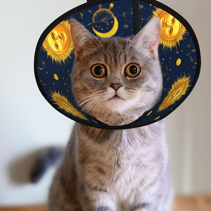 Soft Cat Cone Collar, Meet 998 Boho Chic Art Golden Sun Moon and Stars Over Blue Black Sky, Adjustable, Protective, After Surgery Recovery