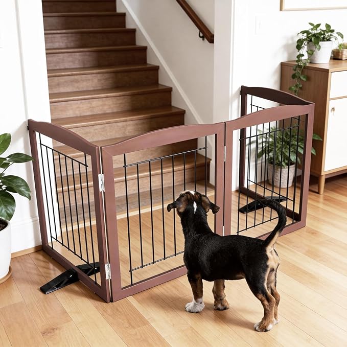 ZJSF Freestanding Dog Fence Indoor, Foldable Dog Gate for Doorways, Stairs or Hallways, Sturdy Wood Extra Wide Pet Gate with Support Feet for The House, Brown, 32 "Height-2 Panels